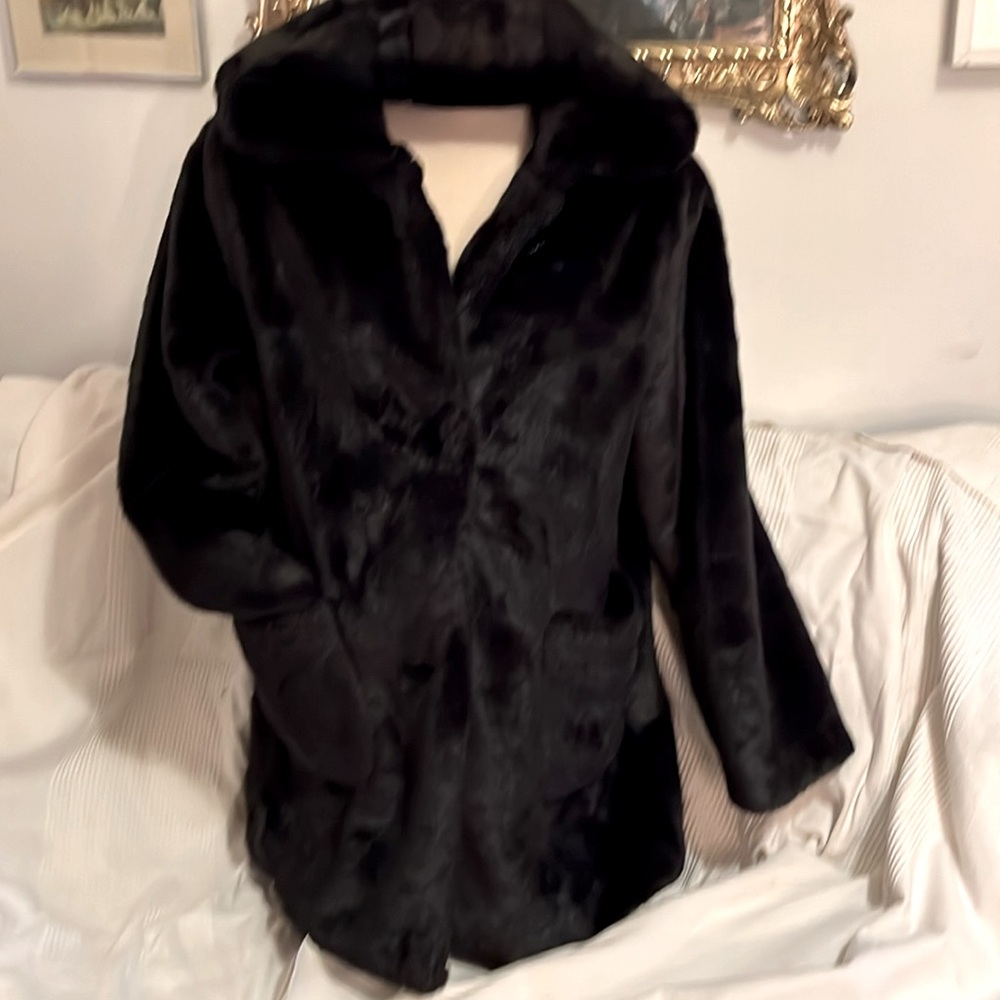 Black hooded faux fur button coat with pockets!!!